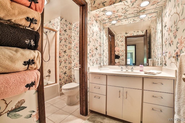 177 Foxpoint W, Amherst, NY 14221 - full bath with wallpapered walls, vanity, tile patterned flooring, and  shower combination