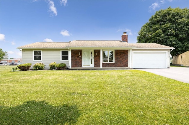 72 Juliane Dr, Gates, NY 14624 - single story home with a chimney, a porch, a garage, concrete driveway, and a front lawn
