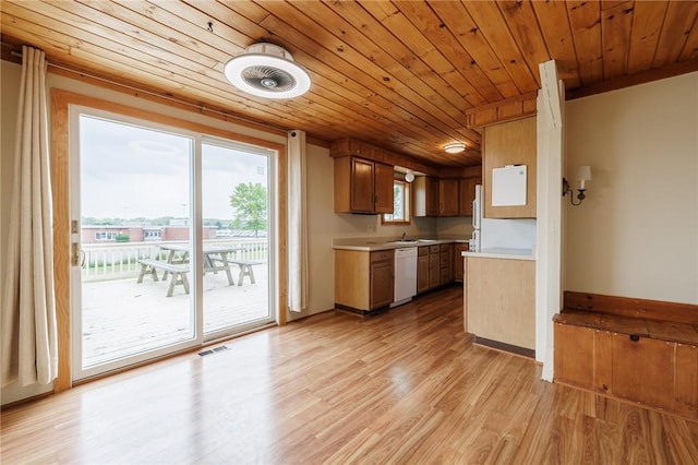 72 Juliane Dr, Gates, NY 14624 - kitchen featuring white dishwasher, light countertops, wood ceiling, light wood-style flooring, and brown cabinetry