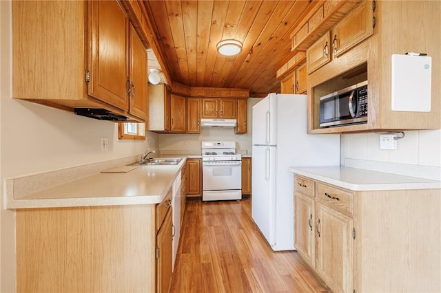 72 Juliane Dr, Gates, NY 14624 - kitchen with white appliances, under cabinet range hood, light wood-style floors, light countertops, and wooden ceiling