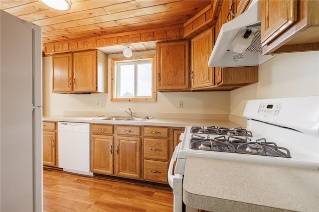 72 Juliane Dr, Gates, NY 14624 - kitchen featuring white appliances, under cabinet range hood, wooden ceiling, light wood-type flooring, and light countertops