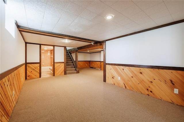72 Juliane Dr, Gates, NY 14624 - finished below grade area with wooden walls, wainscoting, stairway, and carpet floors