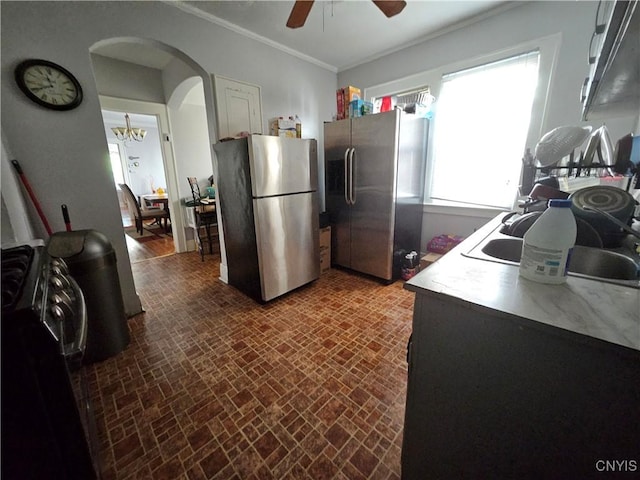 283 Genesee Park Dr, Syracuse, NY 13224 - kitchen featuring freestanding refrigerator, stainless steel fridge, brick patterned flooring, a ceiling fan, and crown molding