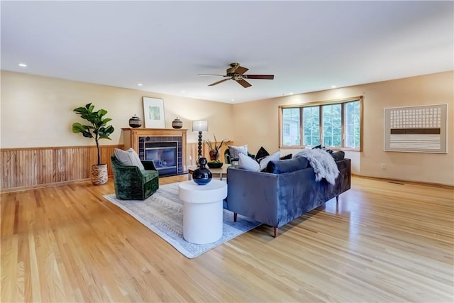 107 Fieldston Ter, Brighton, NY 14610 - living area with light wood-style flooring, a tile fireplace, ceiling fan, and recessed lighting