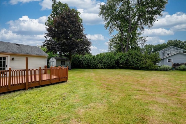 107 Fieldston Ter, Brighton, NY 14610 - view of grassy yard featuring a shed and a wooden deck