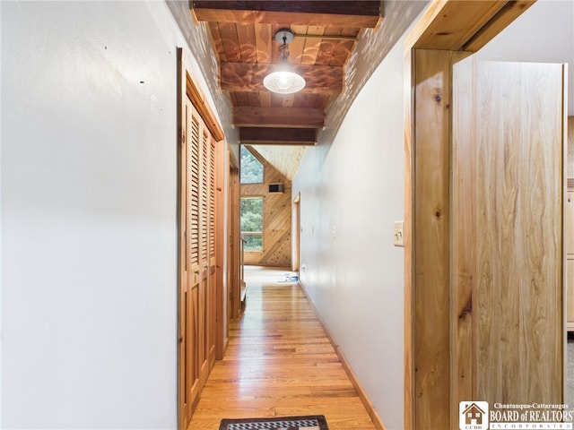 56 Heather Ln, Bradford, PA 16701 - corridor with light wood-style floors, a wooden ceiling with exposed beams, and wood walls