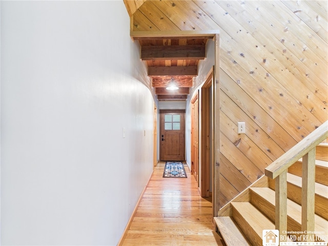 56 Heather Ln, Bradford, PA 16701 - hall featuring light wood-style floors, wood walls, and beam ceiling