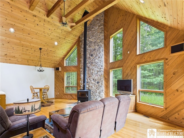56 Heather Ln, Bradford, PA 16701 - living area with a wood stove, high vaulted ceiling, wooden walls, wood ceiling, and wood finished floors