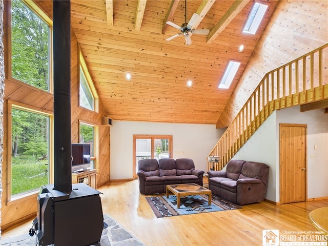 56 Heather Ln, Bradford, PA 16701 - living room with high vaulted ceiling, a skylight, stairs, wood ceiling, and light wood-style floors