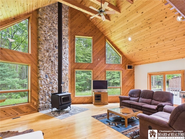 56 Heather Ln, Bradford, PA 16701 - living room featuring high vaulted ceiling, a wood stove, wood ceiling, wooden walls, and a ceiling fan
