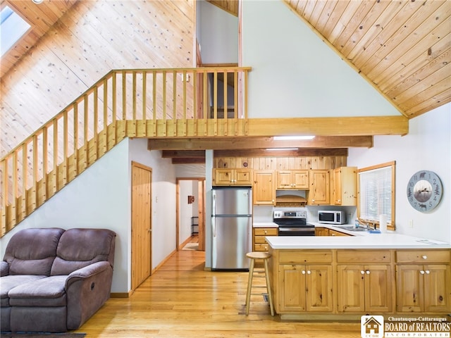 56 Heather Ln, Bradford, PA 16701 - kitchen featuring stainless steel appliances, a peninsula, light wood-type flooring, light countertops, and open floor plan