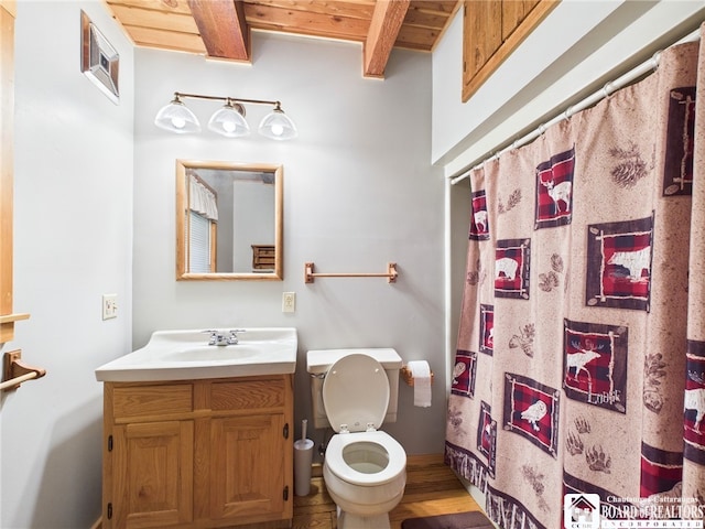 56 Heather Ln, Bradford, PA 16701 - bathroom with vanity, wood finished floors, a wooden ceiling with exposed beams, and a shower with curtain