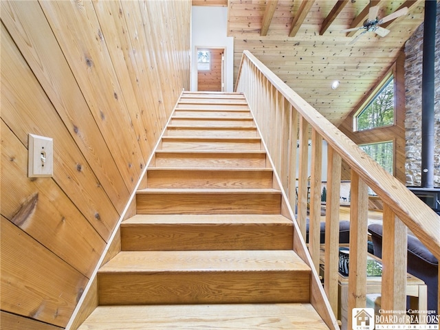 56 Heather Ln, Bradford, PA 16701 - stairs with wood ceiling, a high ceiling, wooden walls, and a ceiling fan