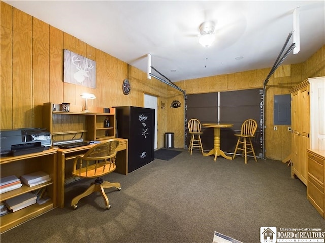 56 Heather Ln, Bradford, PA 16701 - office area with electric panel, carpet, a ceiling fan, and wooden walls