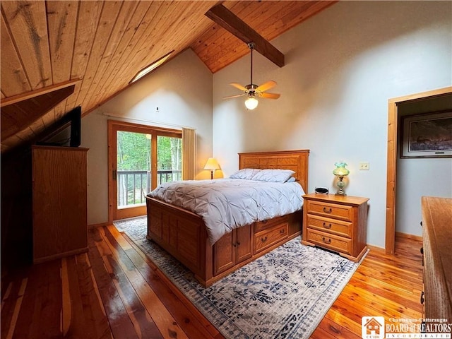 56 Heather Ln, Bradford, PA 16701 - bedroom with a wood ceiling with exposed beams, access to outside, hardwood / wood-style flooring, high vaulted ceiling, and ceiling fan