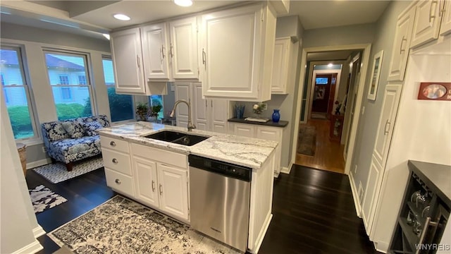 41 Maple Ave, Hamburg, NY 14075 - kitchen with stainless steel dishwasher, dark wood-style flooring, white cabinets, and recessed lighting