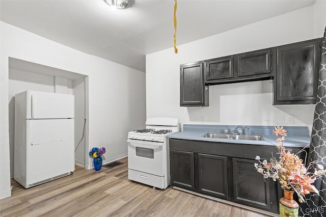 905-07 Tallman St, Syracuse, NY 13204 - kitchen featuring white appliances, light wood-style flooring, dark cabinetry, and light countertops