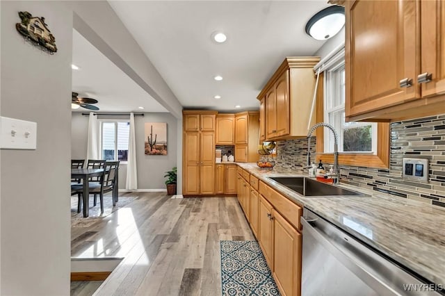 48 Meaford Rd, Cheektowaga, NY 14215 - kitchen with dishwasher, recessed lighting, light wood-type flooring, decorative backsplash, and a ceiling fan