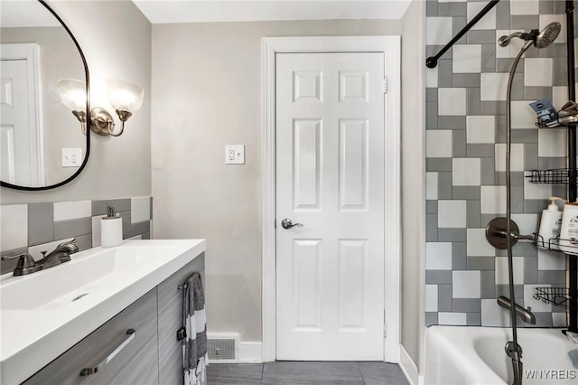 48 Meaford Rd, Cheektowaga, NY 14215 - bathroom featuring vanity, backsplash,  shower combination, and tile patterned floors