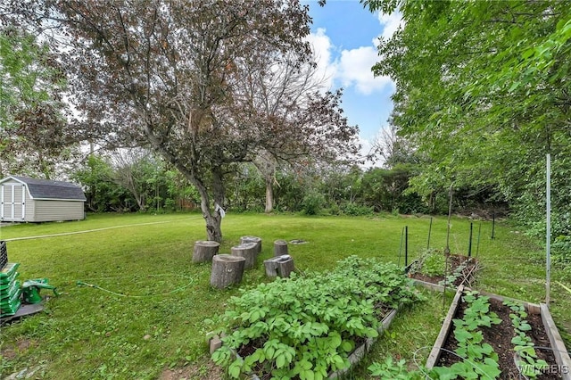 48 Meaford Rd, Cheektowaga, NY 14215 - view of grassy yard with a storage unit, a vegetable garden, and view of wooded area