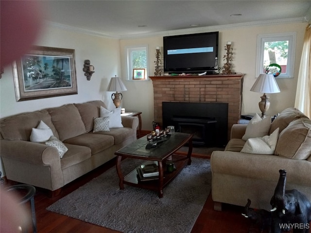 9802 Shorecliff Rd, Evans, NY 14006 - living room with wood finished floors, ornamental molding, and a fireplace