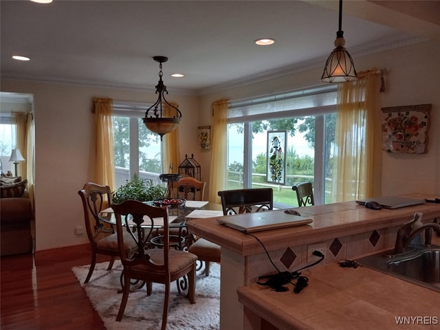 9802 Shorecliff Rd, Evans, NY 14006 - dining space featuring crown molding, wood finished floors, and recessed lighting