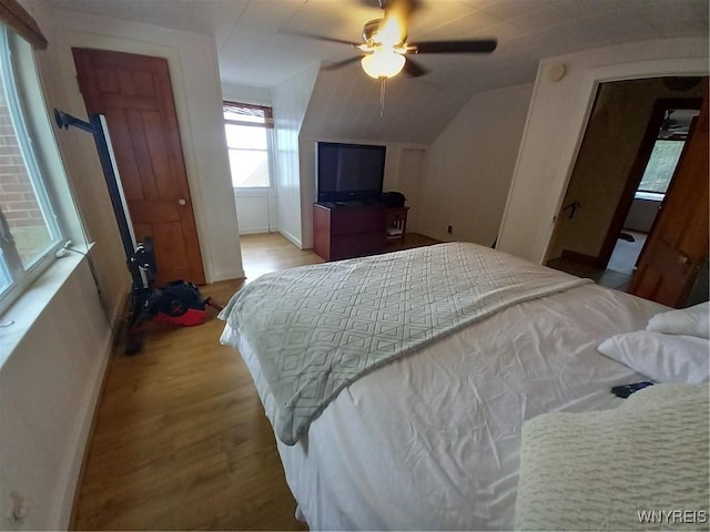 9802 Shorecliff Rd, Evans, NY 14006 - bedroom with wood finished floors, vaulted ceiling, and a ceiling fan