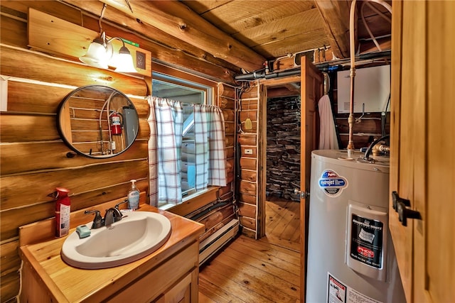 661 Lewis Rd, Meredith, NY 13806 - bathroom with electric water heater, wood-type flooring, baseboard heating, vanity, and wooden ceiling