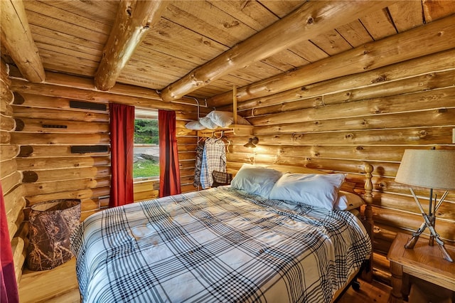 661 Lewis Rd, Meredith, NY 13806 - bedroom featuring a wooden ceiling with exposed beams, rustic walls, and wood finished floors
