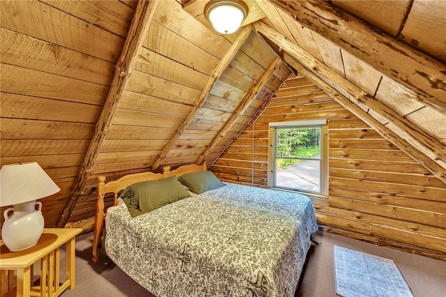 661 Lewis Rd, Meredith, NY 13806 - bedroom with carpet floors, lofted ceiling, wood ceiling, and rustic walls