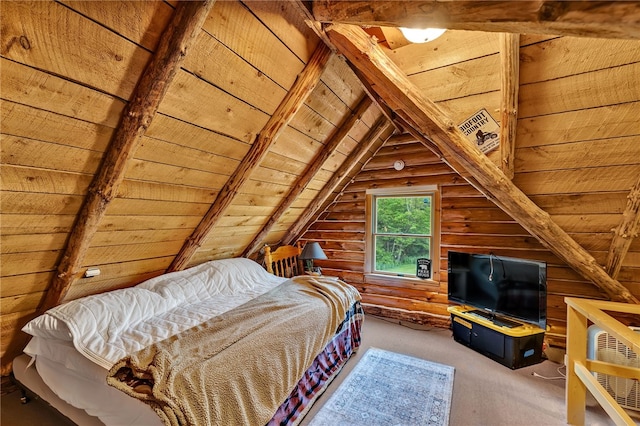 661 Lewis Rd, Meredith, NY 13806 - carpeted bedroom featuring wood ceiling and rustic walls