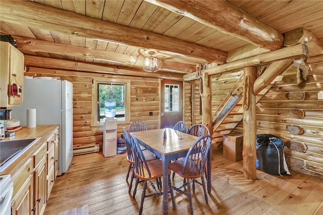 661 Lewis Rd, Meredith, NY 13806 - dining area with a wooden ceiling with exposed beams, light wood finished floors, log walls, and baseboard heating