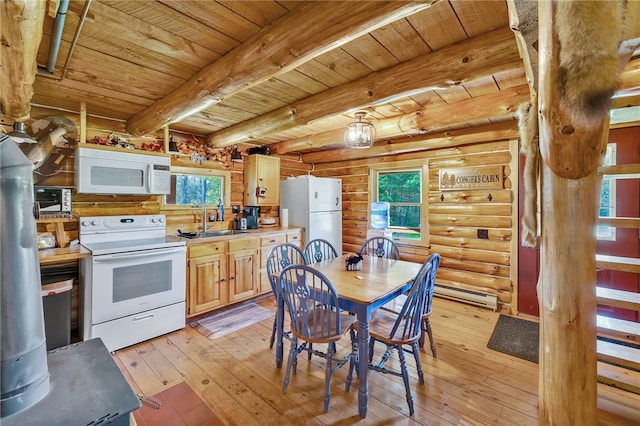 661 Lewis Rd, Meredith, NY 13806 - kitchen featuring white appliances, rustic walls, a wood ceiling with exposed beams, light wood-type flooring, and a baseboard heating unit