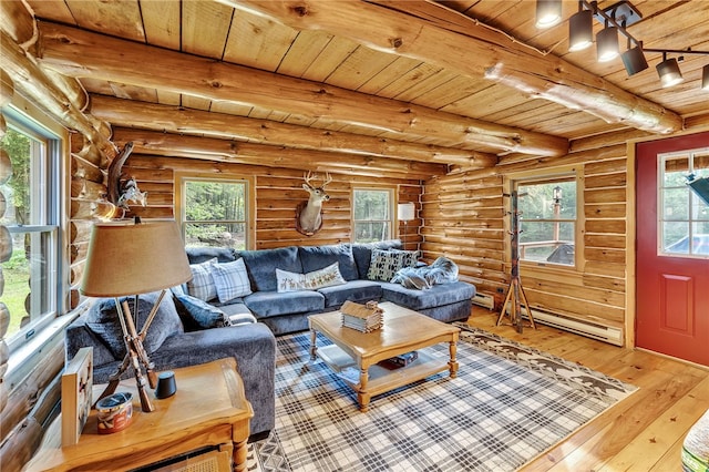 661 Lewis Rd, Meredith, NY 13806 - living room featuring a wooden ceiling with exposed beams, wood-type flooring, and baseboard heating