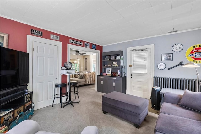 639 Plank Rd, Penfield, NY 14580 - living area featuring light carpet, ornamental molding, and radiator heating unit