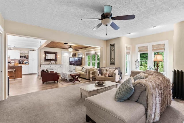 639 Plank Rd, Penfield, NY 14580 - living area with light colored carpet, a ceiling fan, radiator, a textured ceiling, and light wood-style floors