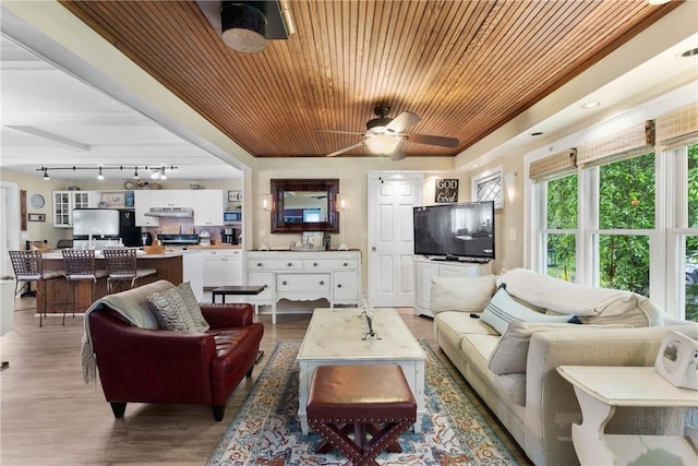639 Plank Rd, Penfield, NY 14580 - living area featuring wood ceiling, wood finished floors, rail lighting, and ceiling fan