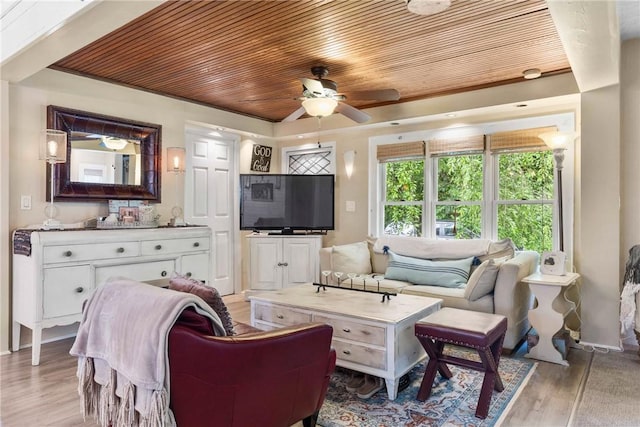 639 Plank Rd, Penfield, NY 14580 - living room featuring wooden ceiling, a ceiling fan, and light wood-style floors