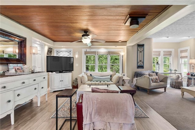 639 Plank Rd, Penfield, NY 14580 - living room featuring wooden ceiling, healthy amount of natural light, light wood-type flooring, and ceiling fan