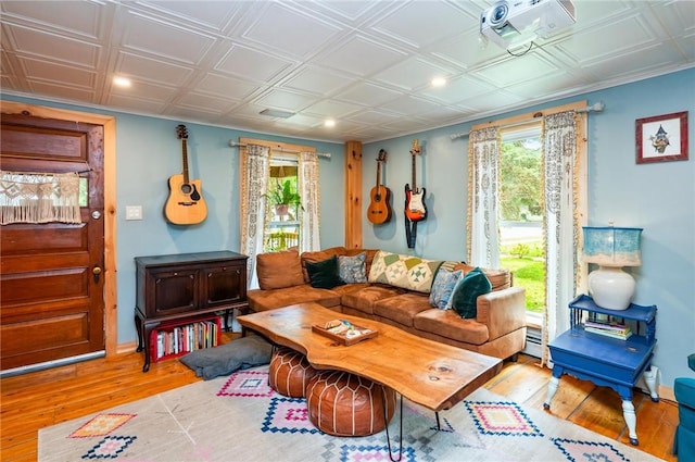 258 E State St, Albion, NY 14411 - living area featuring healthy amount of natural light, wood finished floors, an ornate ceiling, baseboard heating, and recessed lighting