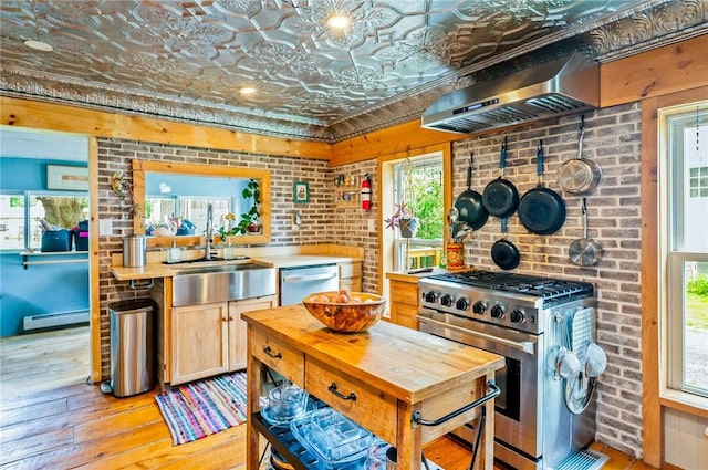 258 E State St, Albion, NY 14411 - kitchen with appliances with stainless steel finishes, light wood-style floors, an ornate ceiling, a baseboard radiator, and extractor fan