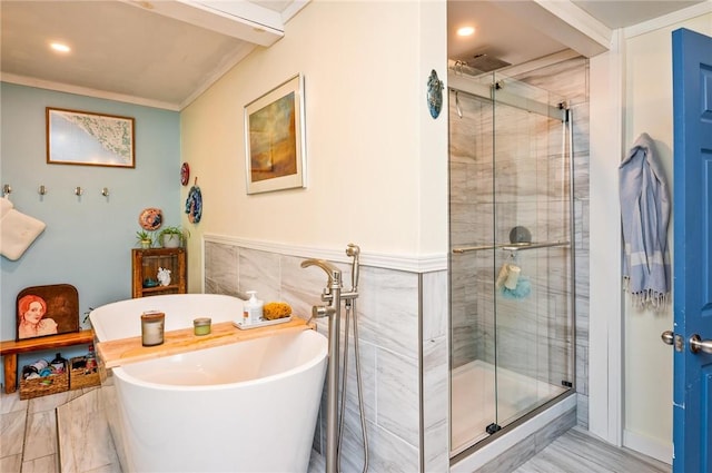 258 E State St, Albion, NY 14411 - bathroom with a stall shower, a freestanding bath, recessed lighting, crown molding, and marble finish floors