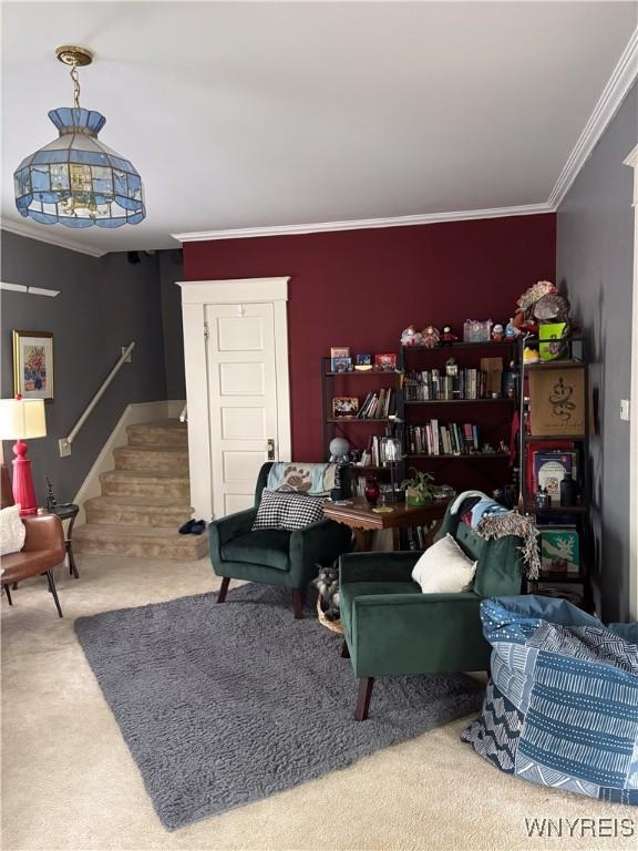 126 N 8th St, Olean-City, NY 14760 - carpeted living room with stairway and ornamental molding