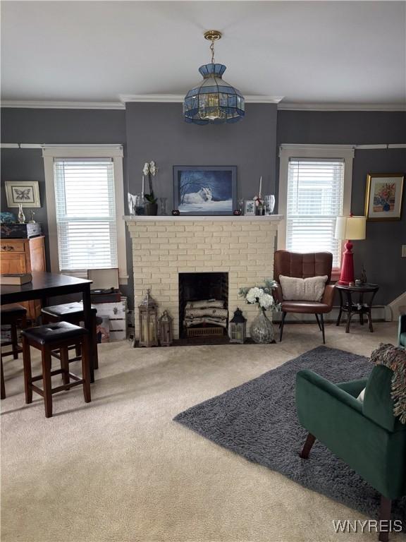 126 N 8th St, Olean-City, NY 14760 - living room featuring carpet floors, plenty of natural light, a fireplace, and crown molding