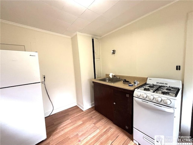 362 E 4th St, Jamestown, NY 14701 - kitchen featuring white appliances, ornamental molding, light wood-type flooring, dark brown cabinetry, and light countertops