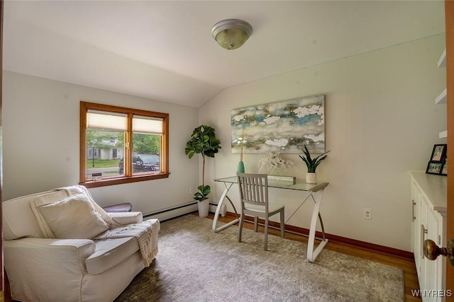 20 Dan Troy Dr, Amherst, NY 14221 - home office with wood finished floors, lofted ceiling, and a baseboard heating unit
