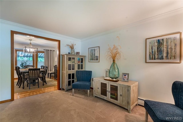20 Dan Troy Dr, Amherst, NY 14221 - living area with ornamental molding, light colored carpet, a chandelier, and baseboard heating