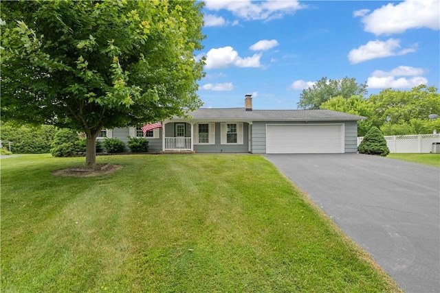 39 Southwind Ct, Greece, NY 14626 - single story home with asphalt driveway, a garage, a chimney, and a porch