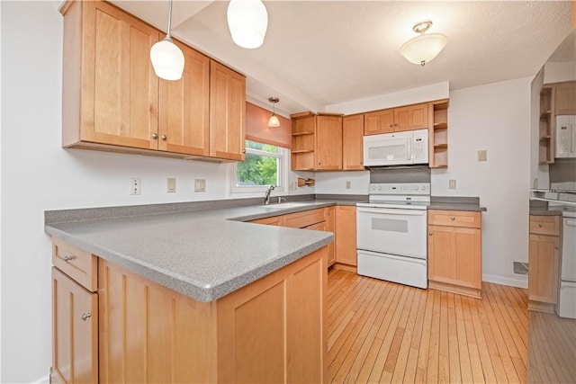 39 Southwind Ct, Greece, NY 14626 - kitchen featuring open shelves, white appliances, hanging light fixtures, and a peninsula