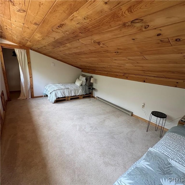 1708 Bonney Rd, Hamilton, NY 13346 - unfurnished bedroom with baseboard heating, wood ceiling, vaulted ceiling, and carpet